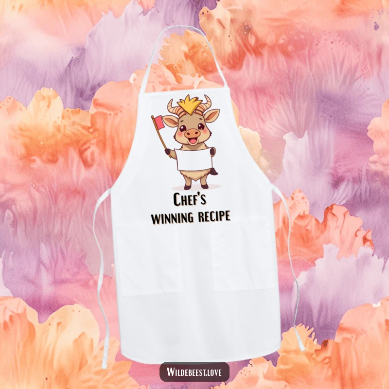 Funny Wildebeest Apron: Humorous apron with a cheering wildebeest holding a tiny banner, perfect for supportive home cooks, a funny gift.