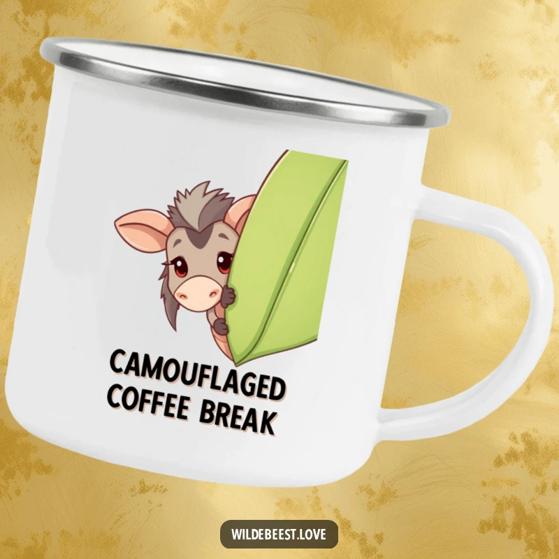 Funny Wildebeest Camping Mug: Durable mug with a playful wildebeest peeking from behind a leaf, perfect for outdoor fun, a funny gift.