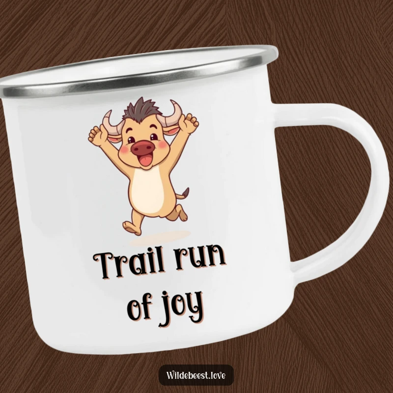 Funny Wildebeest Camping Mug: Durable mug with an enthusiastic wildebeest running with arms raised, great for outdoor adventures, a funny gift.