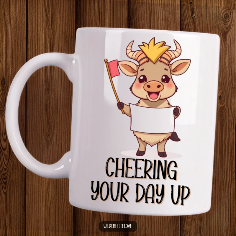 Funny Wildebeest Banner Mug: A happy wildebeest holds a tiny banner, cheering with enthusiasm, symbolizing support and celebration, a great funny gift.