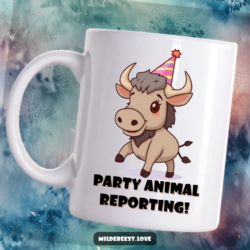 Funny Wildebeest Party Mug: A joyful wildebeest in a party hat bounces with excitement, ready to celebrate, a hilarious funny gift.