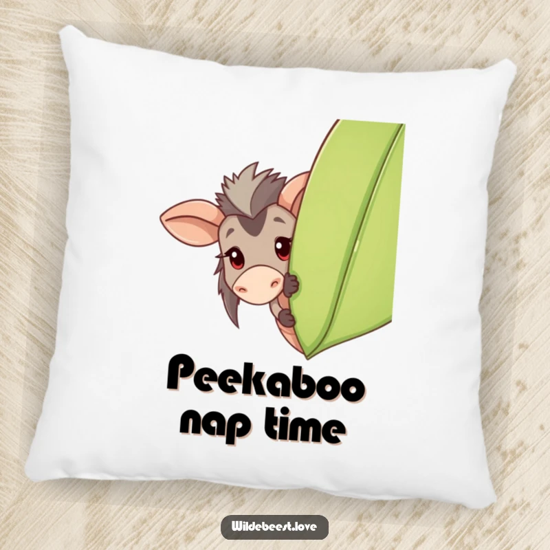 Funny Wildebeest Pillow: Soft pillow featuring a playful wildebeest peeking from behind a leaf, bringing comfort and a smile, a cozy funny gift.