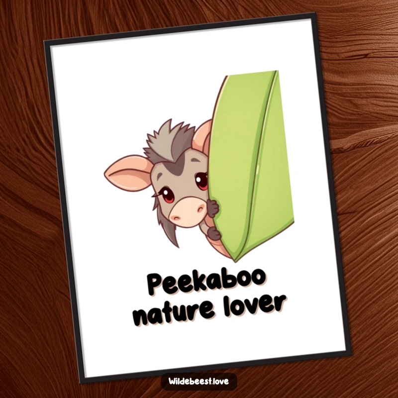 Funny Wildebeest Digital Art Print: A playful wildebeest peeks from behind a leaf, adding whimsy and charm to any space, a downloadable funny gift.