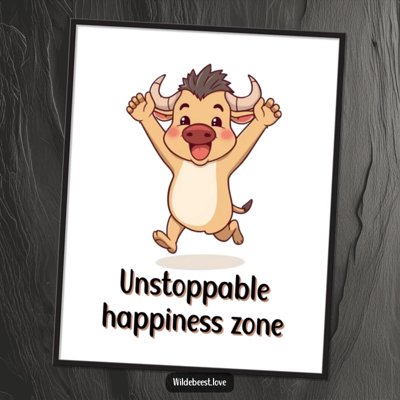 Funny Wildebeest Digital Art Print: A joyful wildebeest running with arms raised in celebration, perfect for energetic decor, a downloadable funny gift.