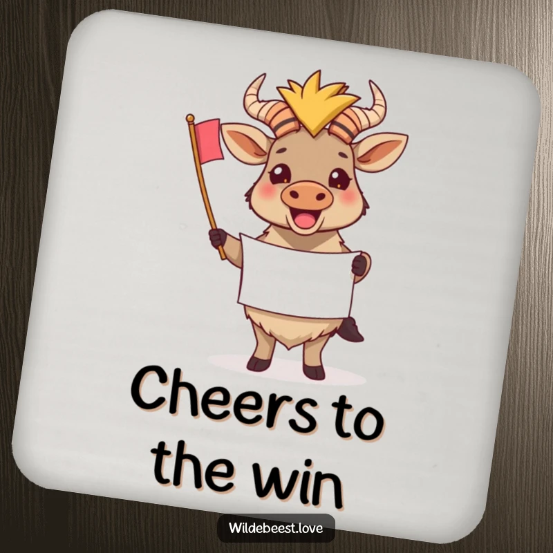 Funny Wildebeest Coaster: Features a cheering wildebeest holding a tiny banner, protecting surfaces with supportive charm, a funny gift.