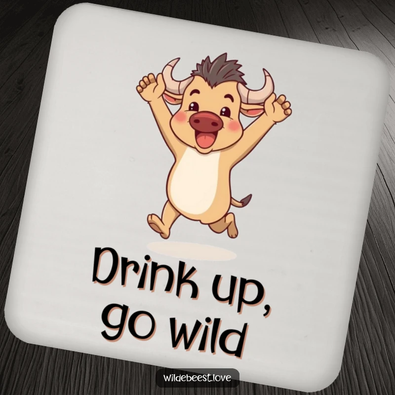 Funny Wildebeest Coaster: Features a happy wildebeest running with arms up, protecting surfaces with energetic charm, a funny gift.