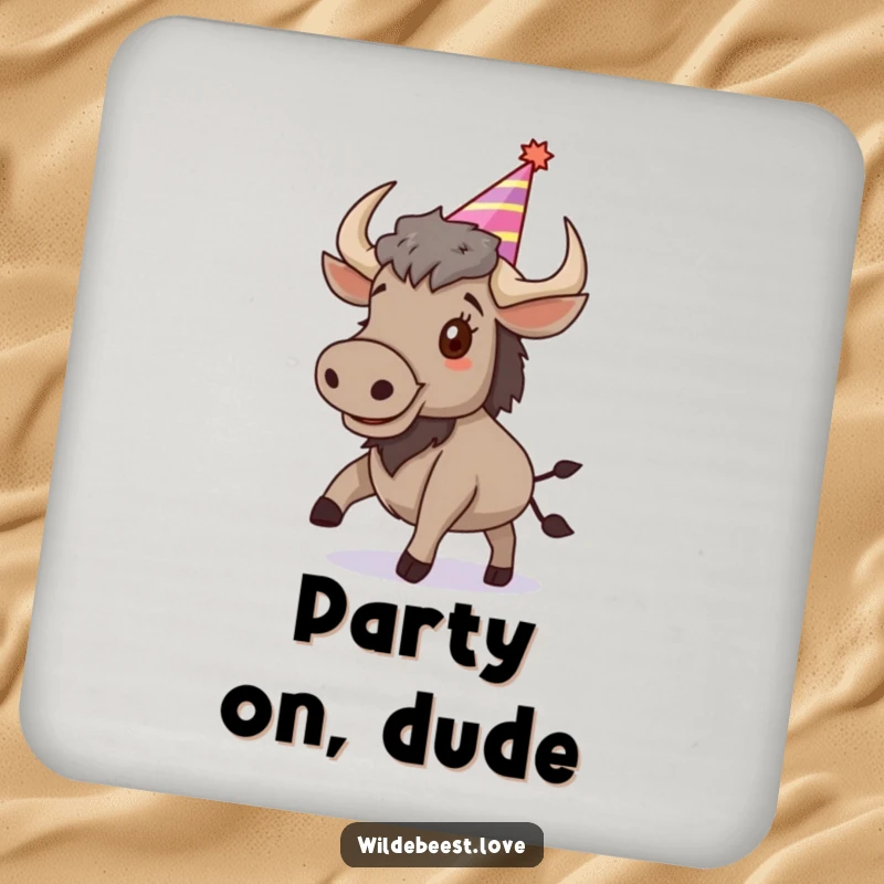 Funny Wildebeest Coaster: Features a happy, bouncing wildebeest in a party hat, protecting surfaces with playful energy, a funny gift.