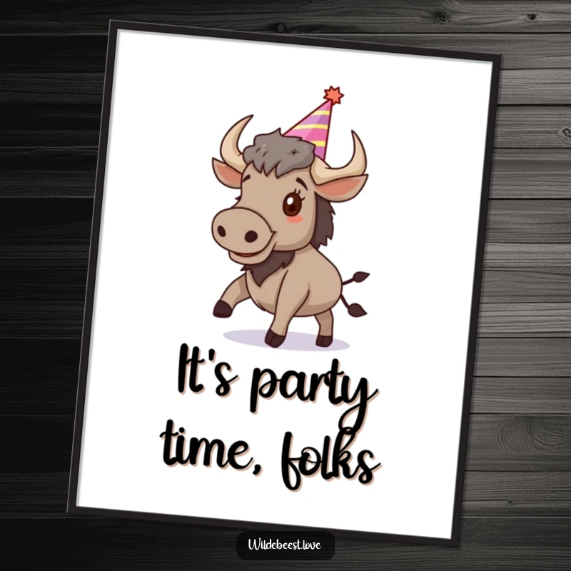 Funny Wildebeest Poster: Whimsical art of a happy wildebeest in a party hat, captured mid-bounce, adding festive cheer, a funny gift.