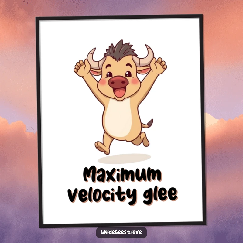 Funny Wildebeest Poster: Vibrant art of a joyful wildebeest running with arms up, symbolizing freedom and energy, a great funny gift.