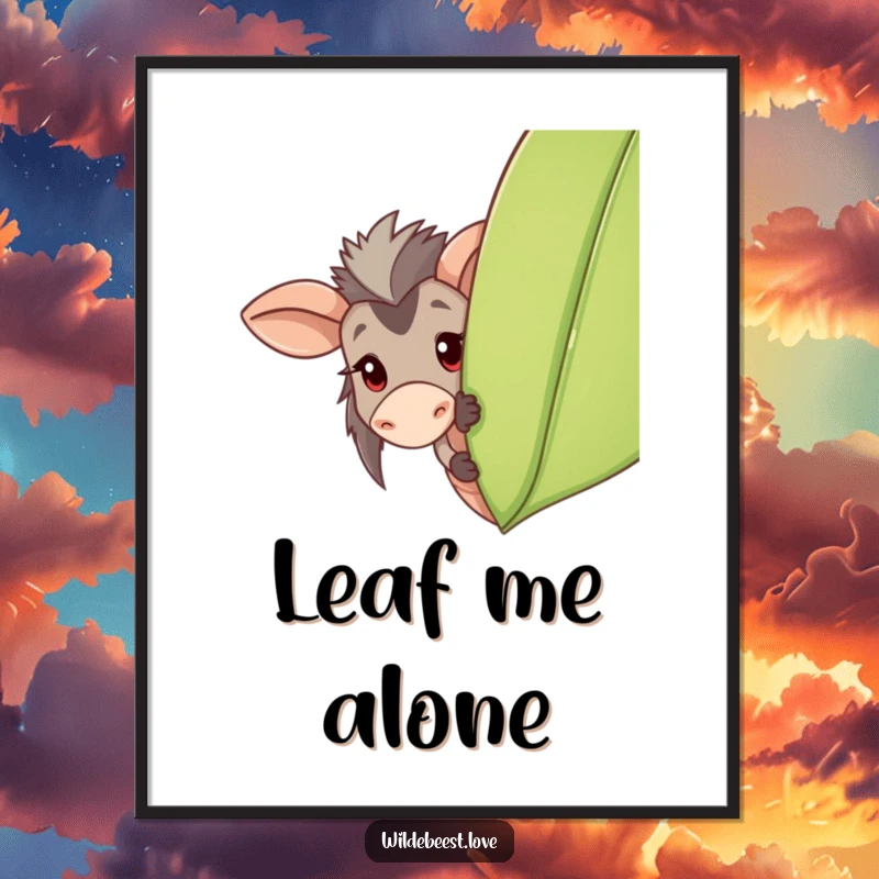 Funny Wildebeest Poster: Whimsical art of a playful wildebeest peeking from behind a large leaf, adding a touch of surprise, a funny gift.