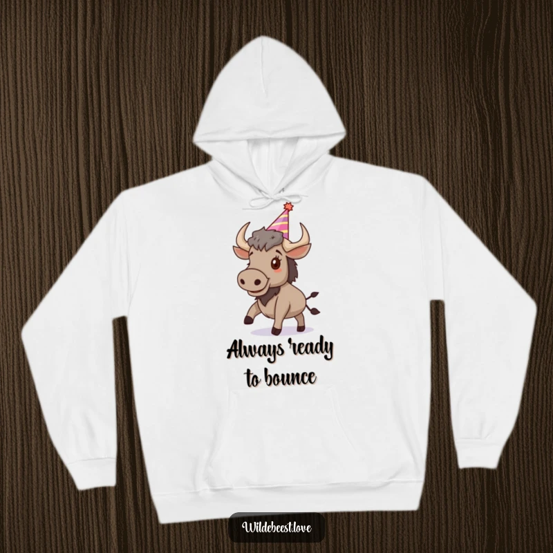Funny Wildebeest Hoodie: Comfortable hoodie featuring a bouncing wildebeest in a party hat, spreading cheer, a cozy funny gift.