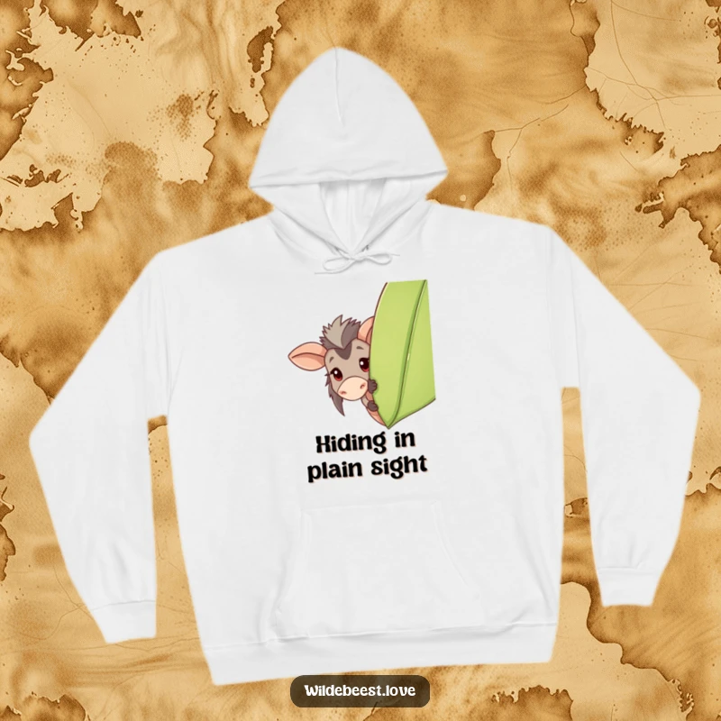 Funny Wildebeest Hoodie: Comfortable hoodie featuring a playful wildebeest peeking from behind a leaf, offering a sweet surprise, a cozy funny gift.