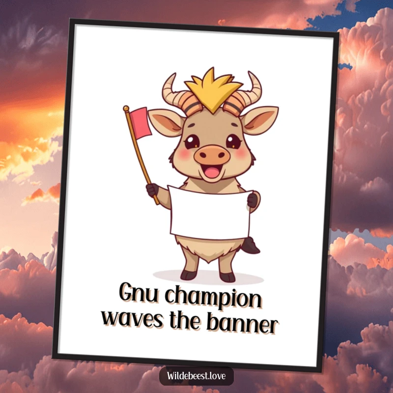 Funny free printable wall art: a happy wildebeest holds a tiny banner, cheering enthusiastically and spreading positive vibes.