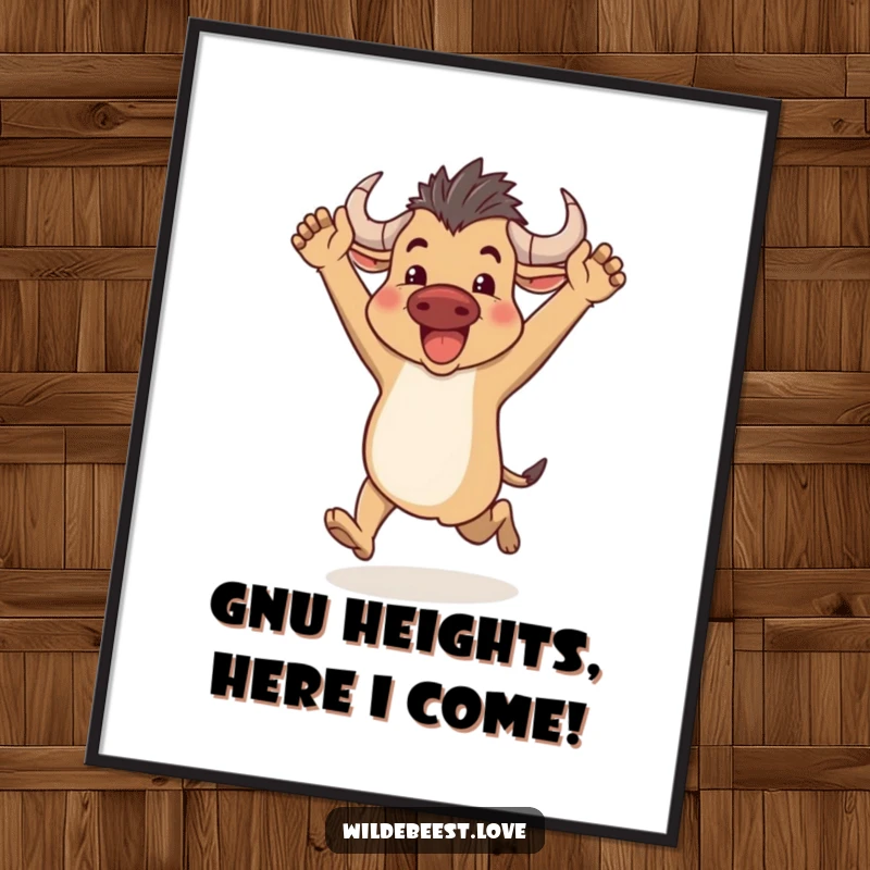 Funny free printable wall art: a happy wildebeest runs with arms raised, symbolizing freedom and enthusiastic pursuit.