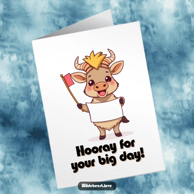 Funny free printable birthday card: a joyful wildebeest holds a tiny banner, cheering loudly for the birthday person.