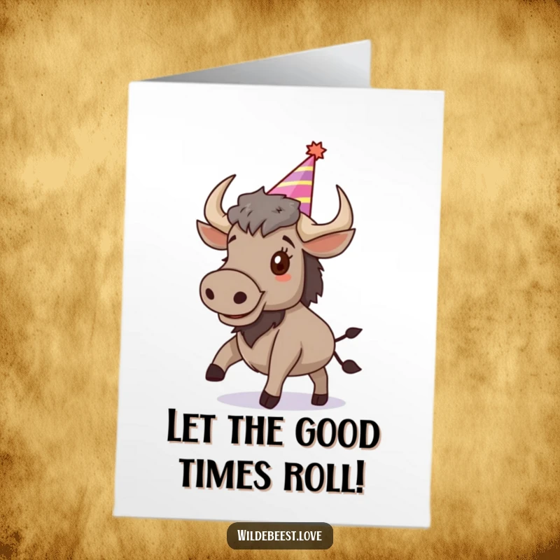 Funny free printable congratulations card: a cheerful wildebeest wearing a party hat joyfully bounces to celebrate.