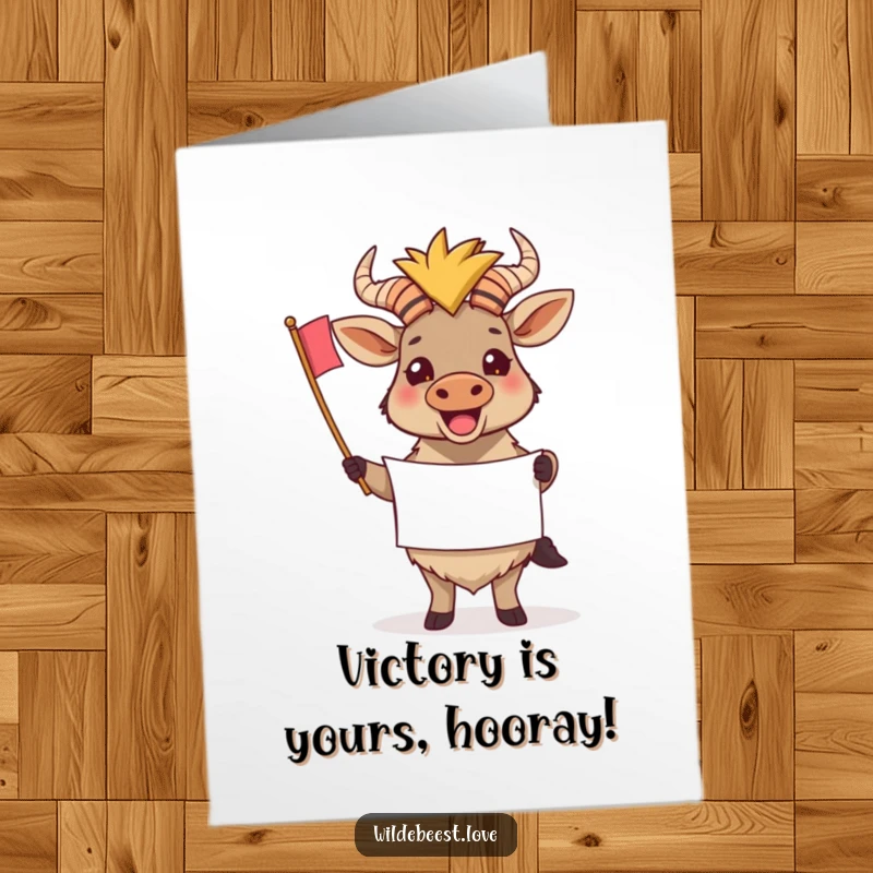 Funny free printable congratulations card: a triumphant wildebeest holds a small banner, enthusiastically cheering for success.