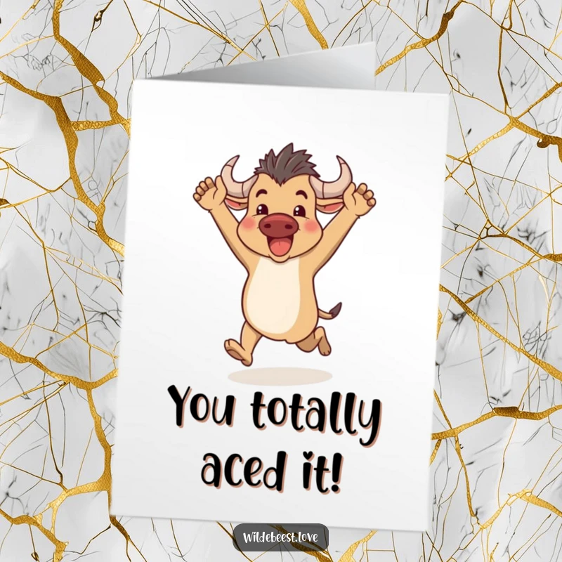 Funny free printable congratulations card: a triumphant wildebeest runs with arms up, celebrating a major success.