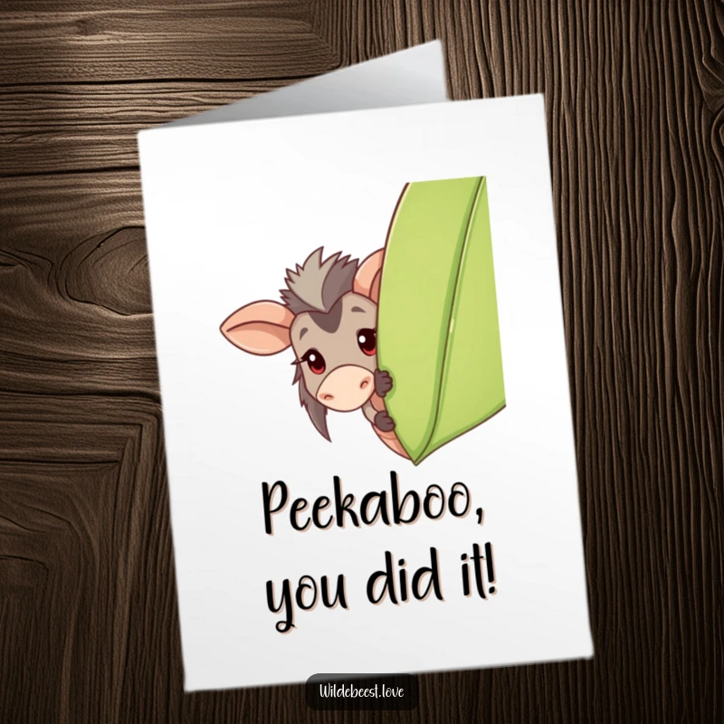 Funny free printable congratulations card: a mischievous wildebeest peeks from behind a leaf, celebrating a hidden success.