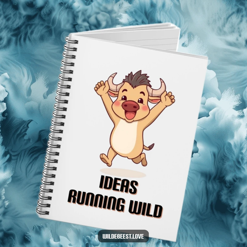 Funny Wildebeest Notebook: Features a happy wildebeest running with arms up, ideal for journaling energetic thoughts, a useful funny gift.