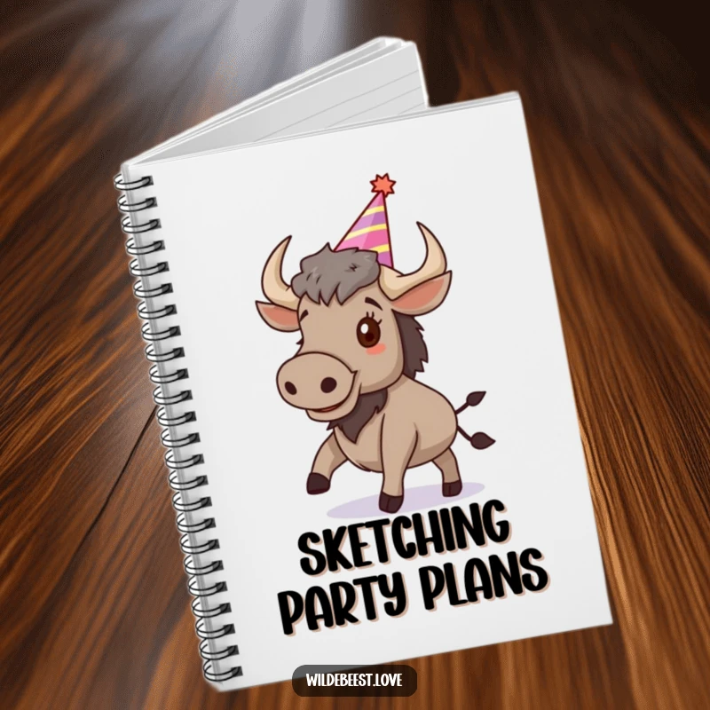 Funny Wildebeest Notebook: Features a bouncing wildebeest wearing a party hat, perfect for jotting down celebration ideas, a useful funny gift.