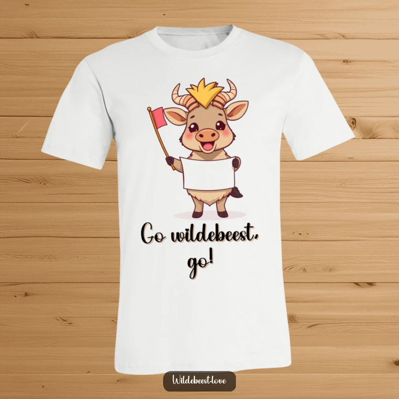 Funny Wildebeest Banner T-Shirt: A cheerful wildebeest holds a small banner, enthusiastically celebrating achievements, a fantastic funny gift.