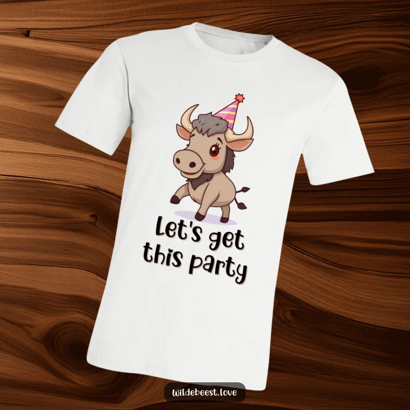 Funny Wildebeest T-Shirt: A fun-loving wildebeest wearing a party hat bounces energetically, perfect for celebrations, a great funny gift.