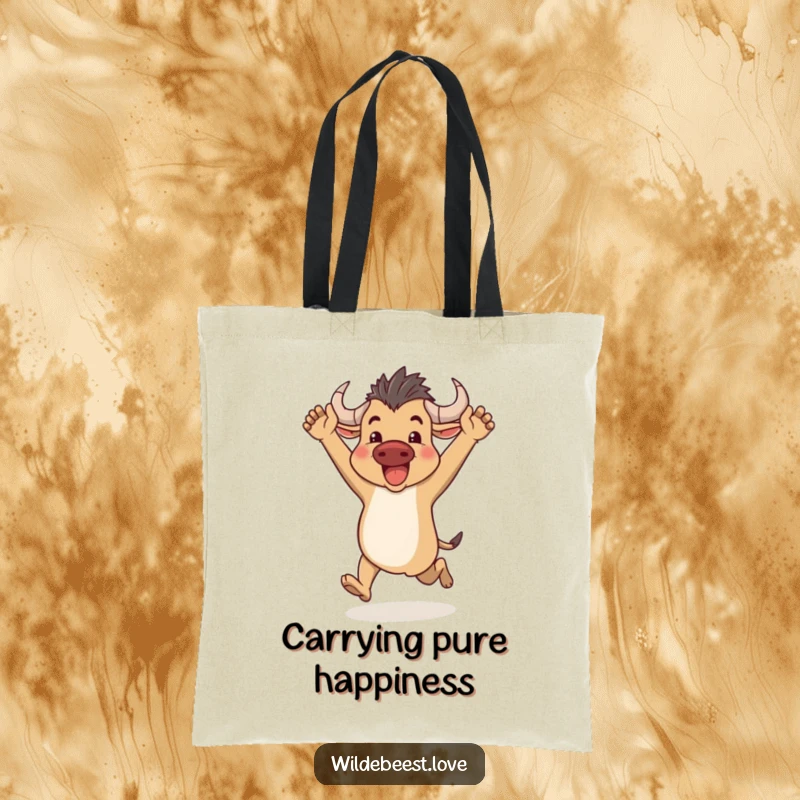 Funny Wildebeest Tote Bag: A dynamic tote bag showing a happy wildebeest running with arms raised, perfect for active people, a funny gift.